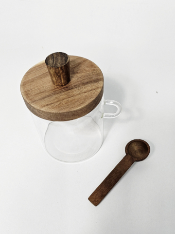 Recipient condimente mic din sticlă borosilicată cu capac și linguriță din lemn [1]