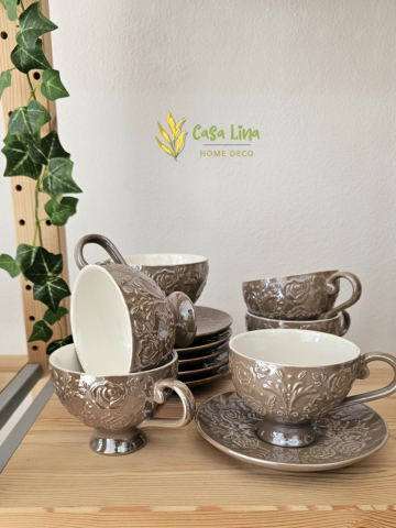 Cesti - Set cu 12 piese/6 cescute cu 6 farfurioare, ceramica model embrosat, maron