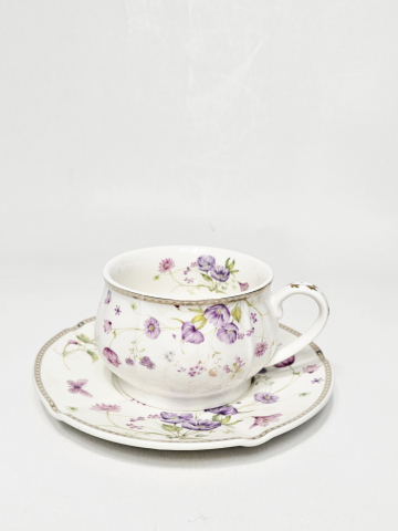 Ceașcă și farfurioară ceramică cu flori mov, 200ml [1]