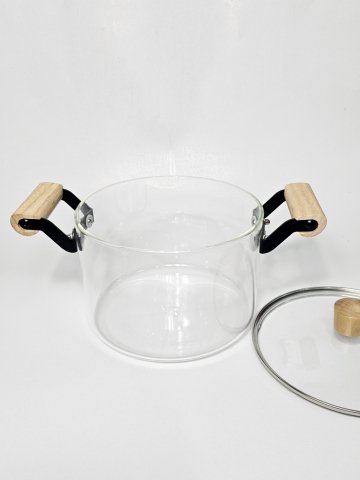 Oale transparente - Oală CasaLina din sticlă borosilicată cu capac și mânere din lemn 4.5 L