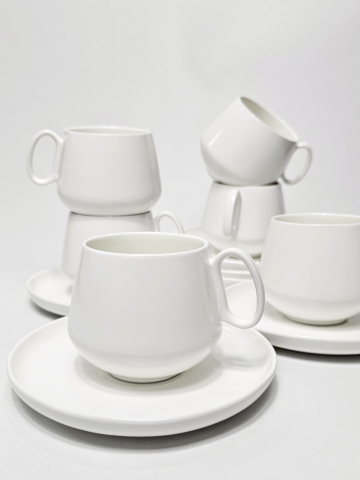 Set cești cafea cu farfurioare, ceramică albă minimalistă, 12 piese [1]