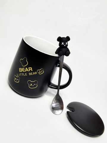 Set 3 piese ceramică 350 ml – cană neagră Bear cu capac și linguriță decorată cu ursuleț [2]
