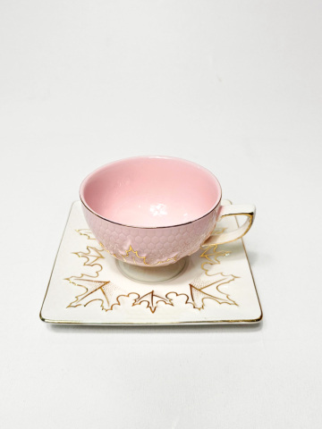 Set cești cu farfurioare ceramică roz cu accente aurii, 12 piese [2]