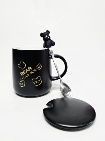 Bucatarie și Servire - Set 3 piese ceramică 350 ml – cană neagră Bear cu capac și linguriță decorată cu ursuleț