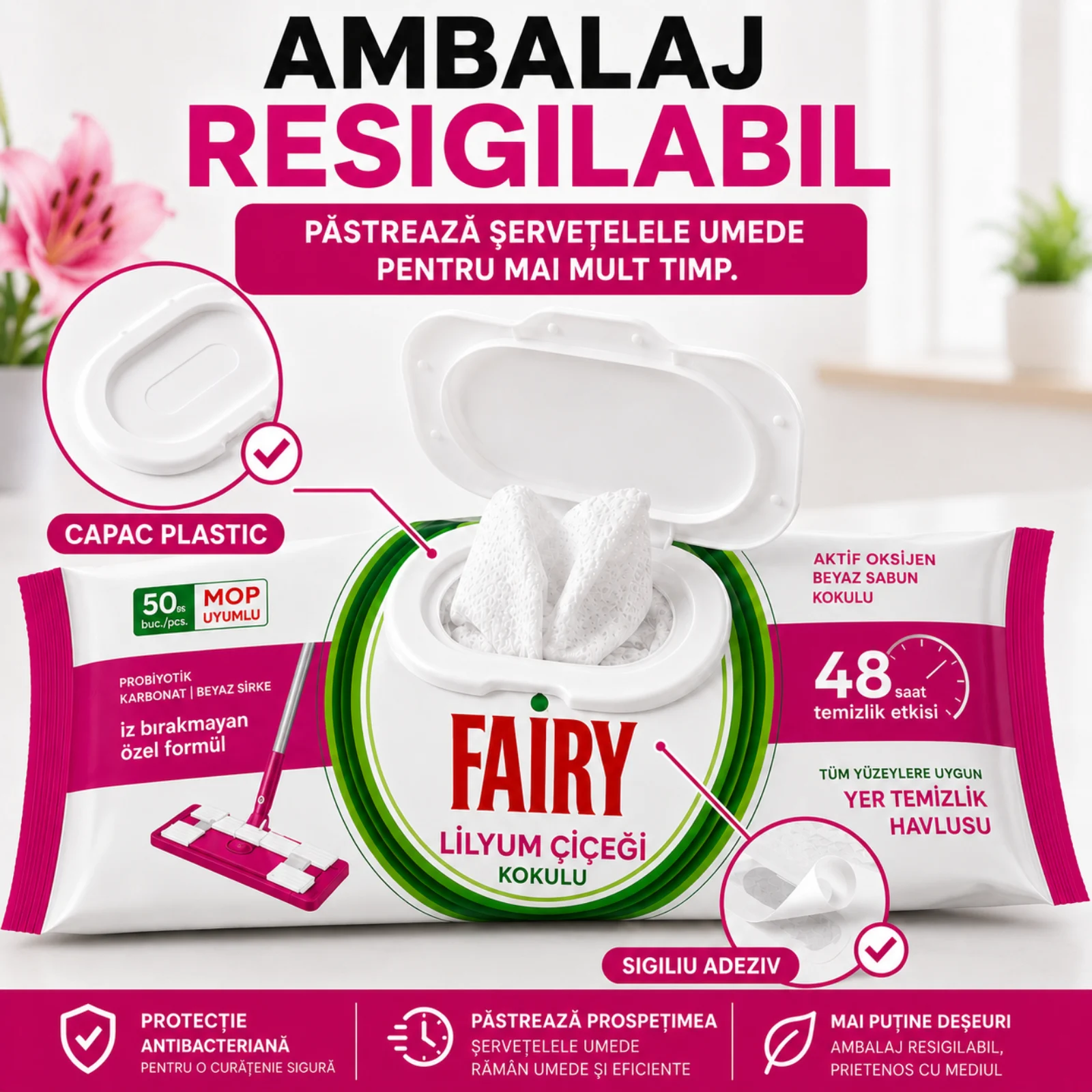 FAIRY Lavete Umede pt Pardoseli cu Parfum Floral de Crin (35 × 20 cm) 50 buc [4]