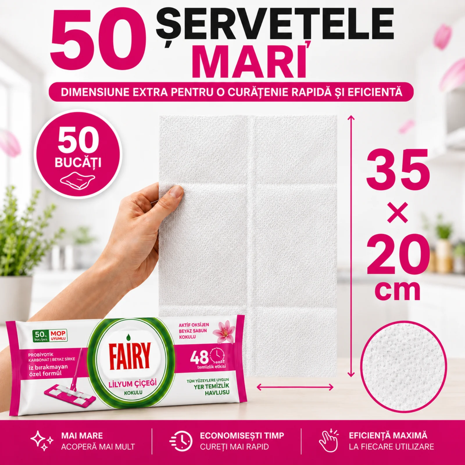 FAIRY Lavete Umede pt Pardoseli cu Parfum Floral de Crin (35 × 20 cm) 50 buc [3]