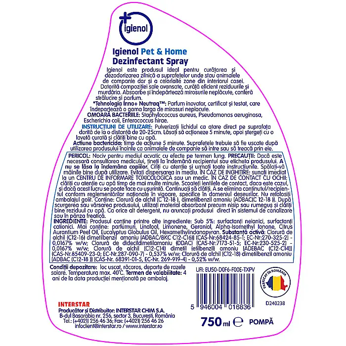 IGIENOL Spray Dezinfectant Fara Clor pt Suprafete Pet & Home 750ml [3]