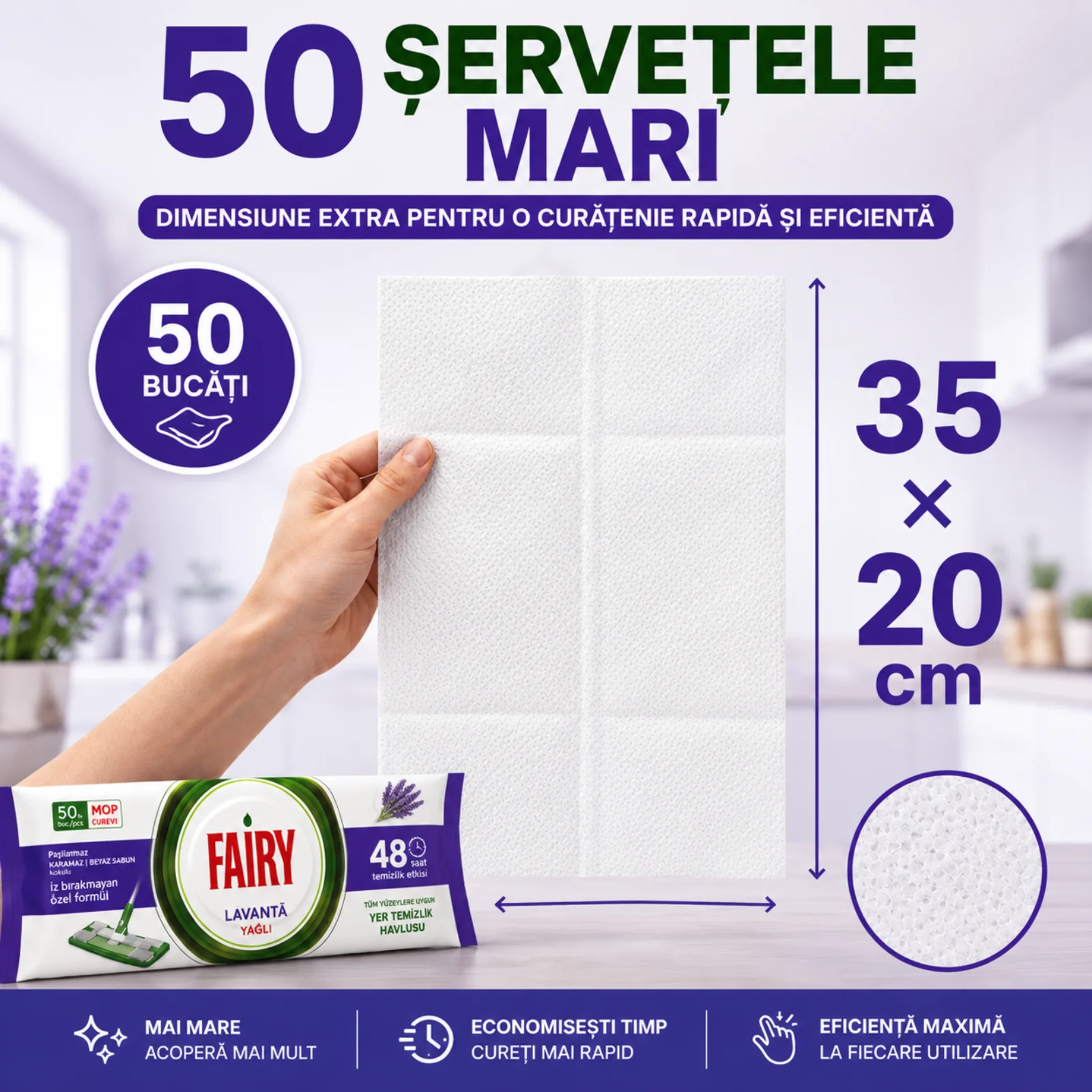 FAIRY Lavete Umede pt Pardoseli cu Parfum de Lavanda (35 × 20 cm) 50 buc [3]