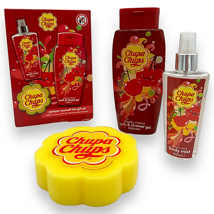 CHUPA CHUPS Caseta Cadou Gel de Dus 300 ml + Burete Baie + Body Mist 150 ml Cheeky Cherry [2]