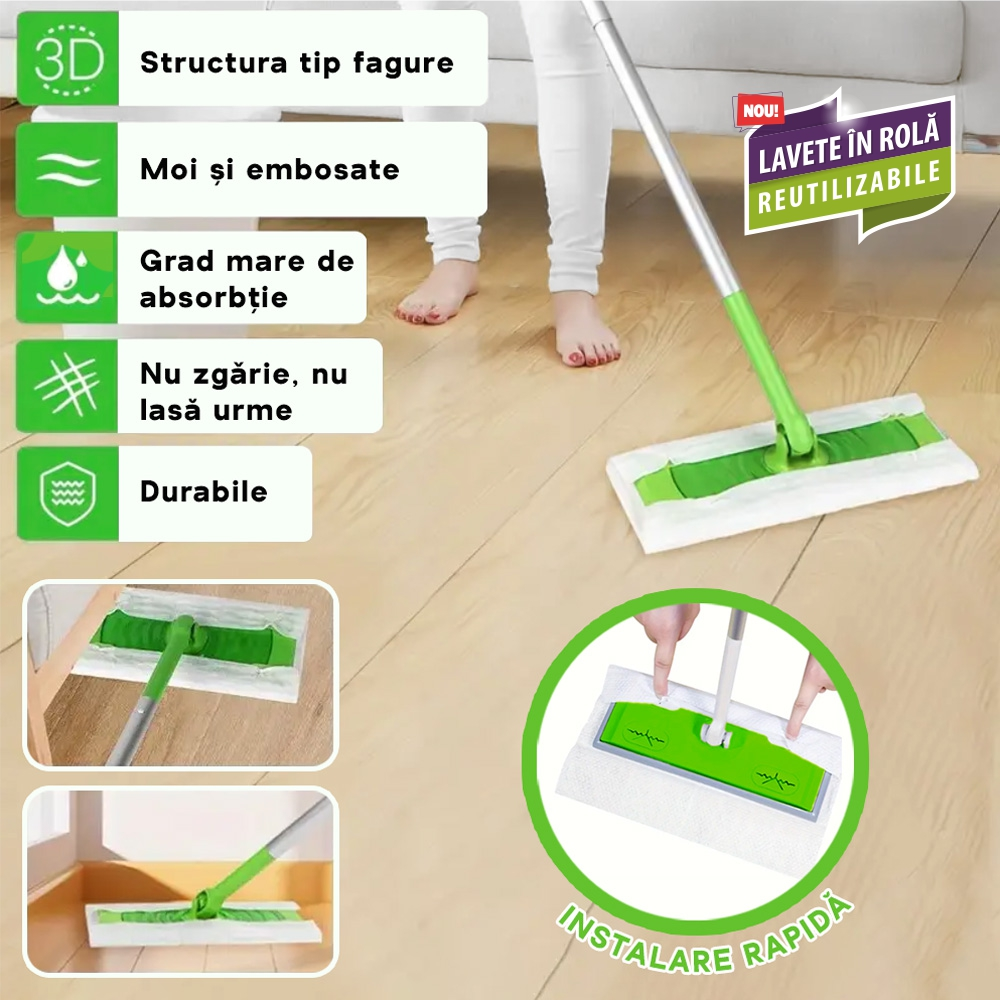 Lavete Embosate in Rola, Reutilizabile, Pretaiate, Pretabil Rezerva de Mop Plat, Albe 20x30cm, 75 buc/Rola [3]