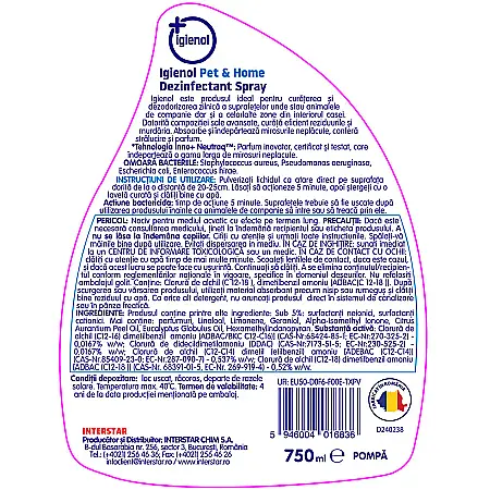 IGIENOL Spray Dezinfectant Fara Clor pt Suprafete Pet & Home 750ml [2]