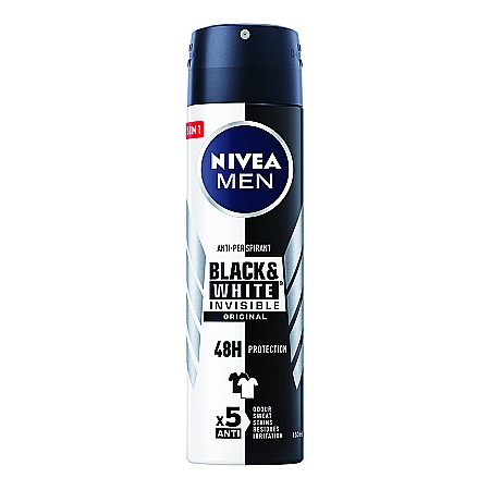 NIVEA MEN Spray Deodorant Antiperspirant INVISIBLE for BLACK & WHITE 150 ml