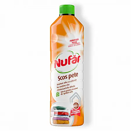 Detergent Rufe - NUFAR Solutie de Scos Pete Fara Clor pt Tesaturi Albe & Colorate pt Mașina de Spalat 1 L