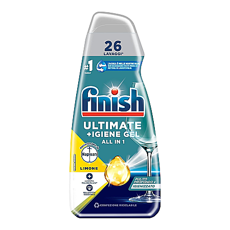 Bucatarie - FINISH Ultimate + Igiene Gel Detergent pt Masina de Spalat Vase All in One Lemon 560 ml (26 spalari)