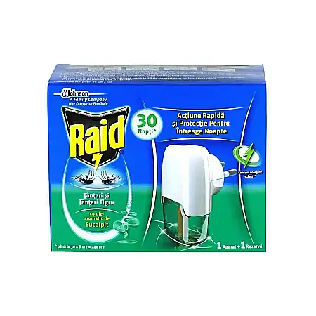 Combaterea Insectelor Daunatoare - RAID Aparat Electric Tantari cu Rezerva cu Ulei Aromatic de Eucalipt 21 ml (30 Nopti)