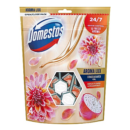 Produse de uz casnic - DOMESTOS Odorizant Toaleta Aroma Lux Dahlia Flower & Dragon Fruit 4 x 55 g