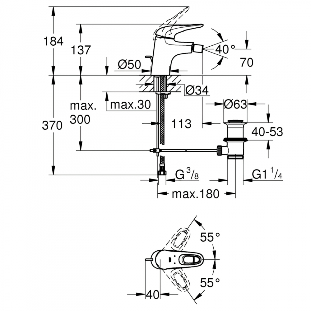 Baterie bideu Grohe Eurostyle, monocomanda, crom [2]