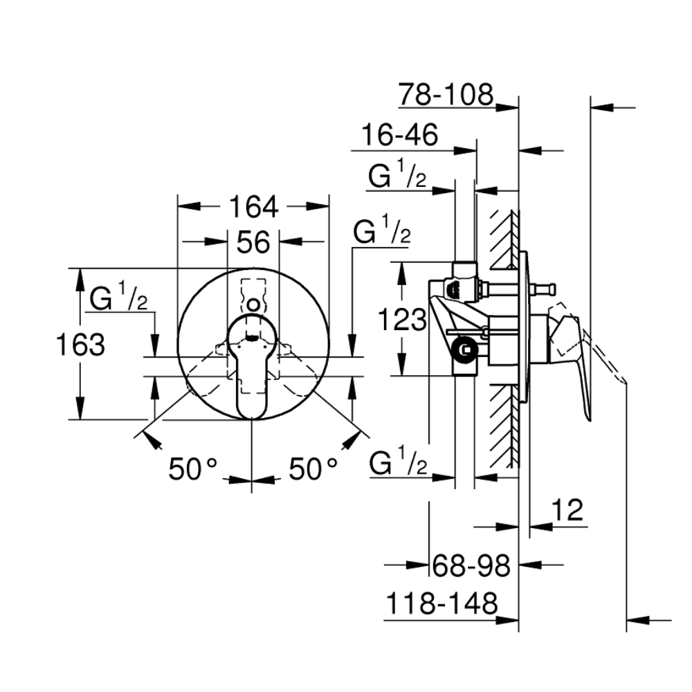 Baterie de cada si dus Grohe BauEdge, montaj incastrat, corp ingropat inclus, crom [2]