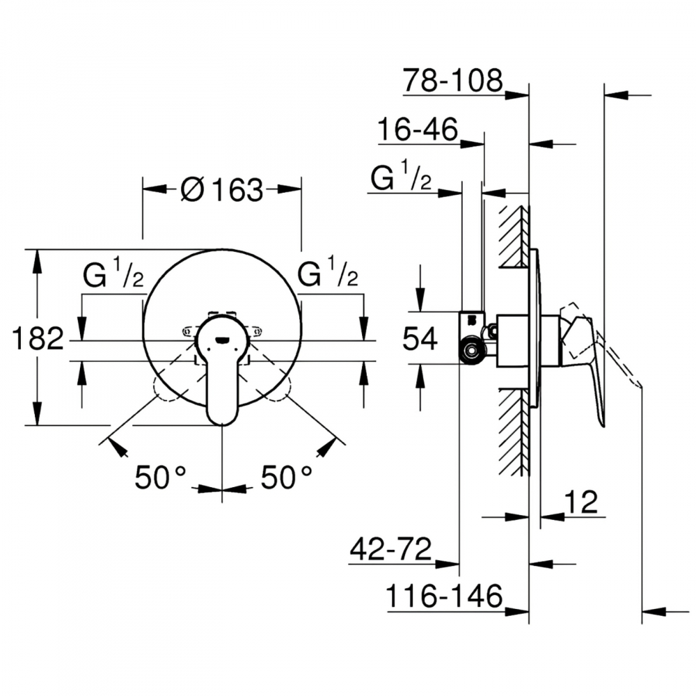 Baterie dus Grohe BauEdge, montaj incastrat, corp ingropat inclus, crom [2]