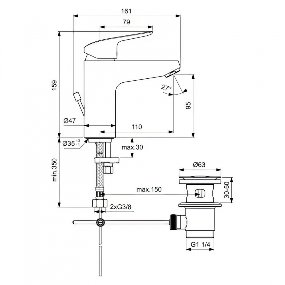 Baterie pentru lavoar CERAFLEX RIM GRANDE cu ventil Ideal Standard [2]