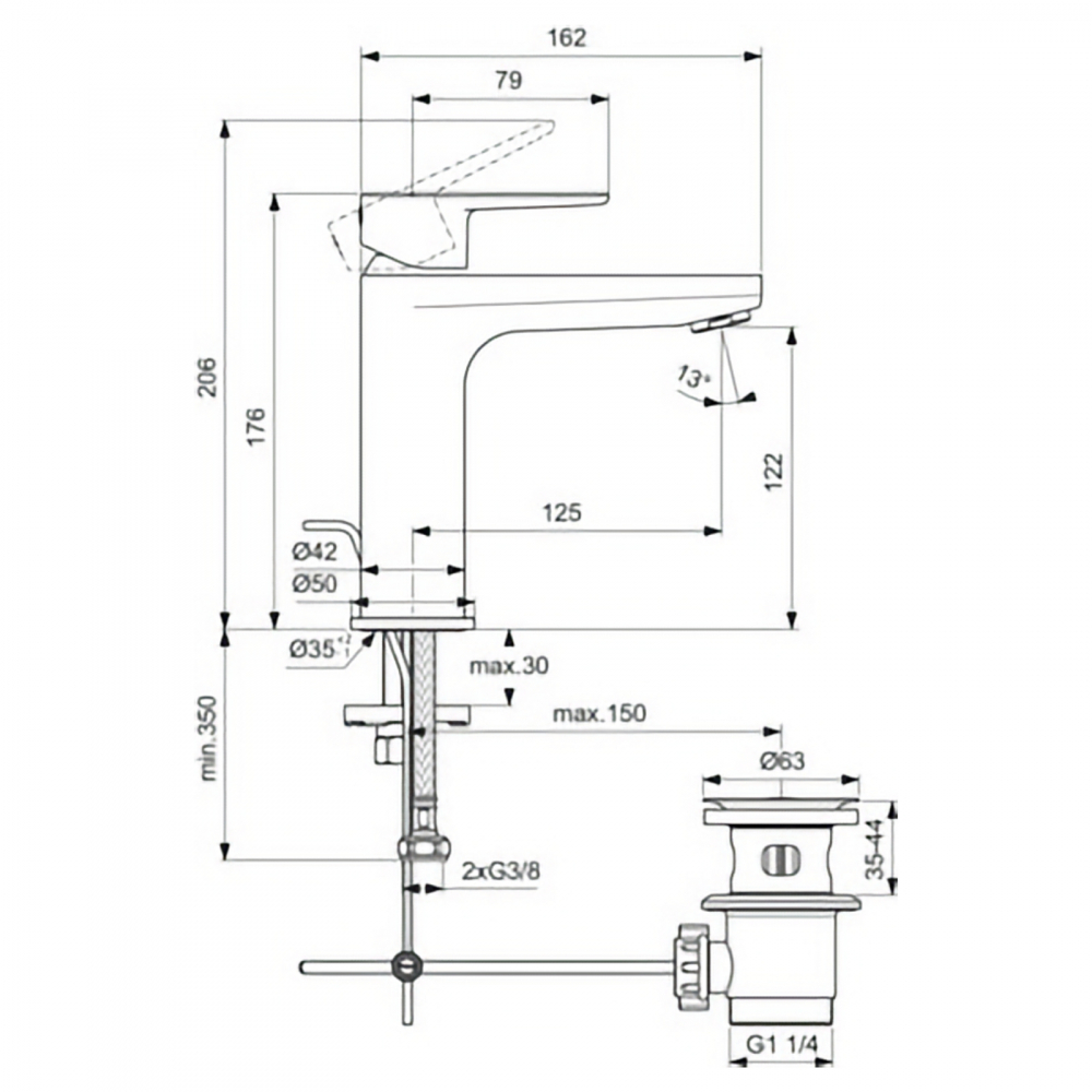 Baterie pentru lavoar H120 cu ventil metalic CERAFINE O Crom Ideal Standard [4]