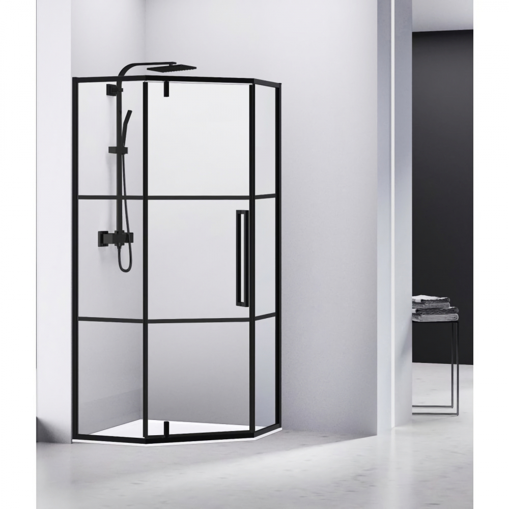 Cabina de dus pentagonala 90 x 90 x 200, finisaj negru mat, usa batanta, sticla 6 mm INFINITY Belform [2]