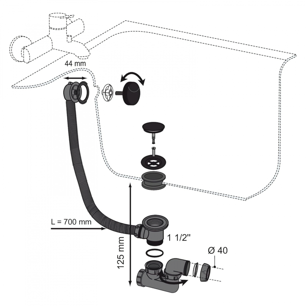 Coloana de cada neagra, buton ABS, dop metalic Quick-Clack, cablu 700 mm WIRQUIN [4]