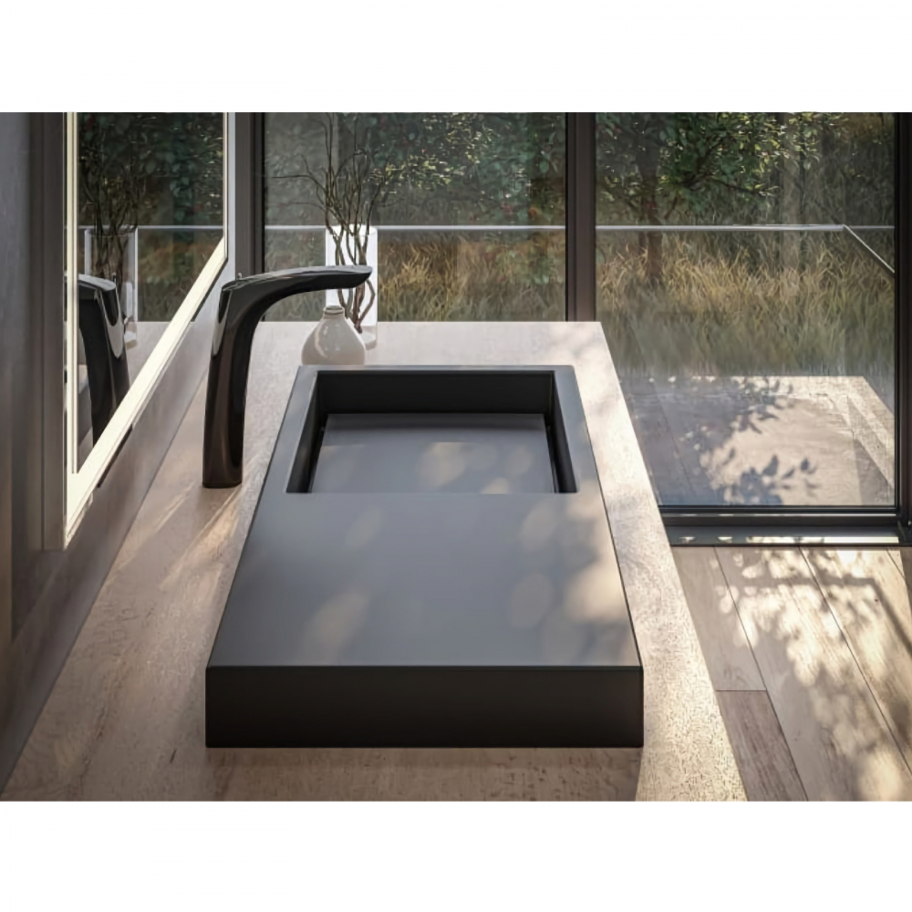 Lavoar pe blat din portelan cu orificiu pentru baterie Geometric Horizon 60 cm negru mat Roca [3]