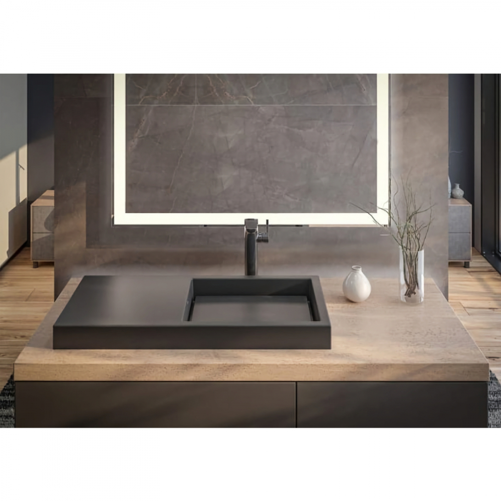Lavoar pe blat din portelan cu orificiu pentru baterie Geometric Horizon 60 cm negru mat Roca [2]