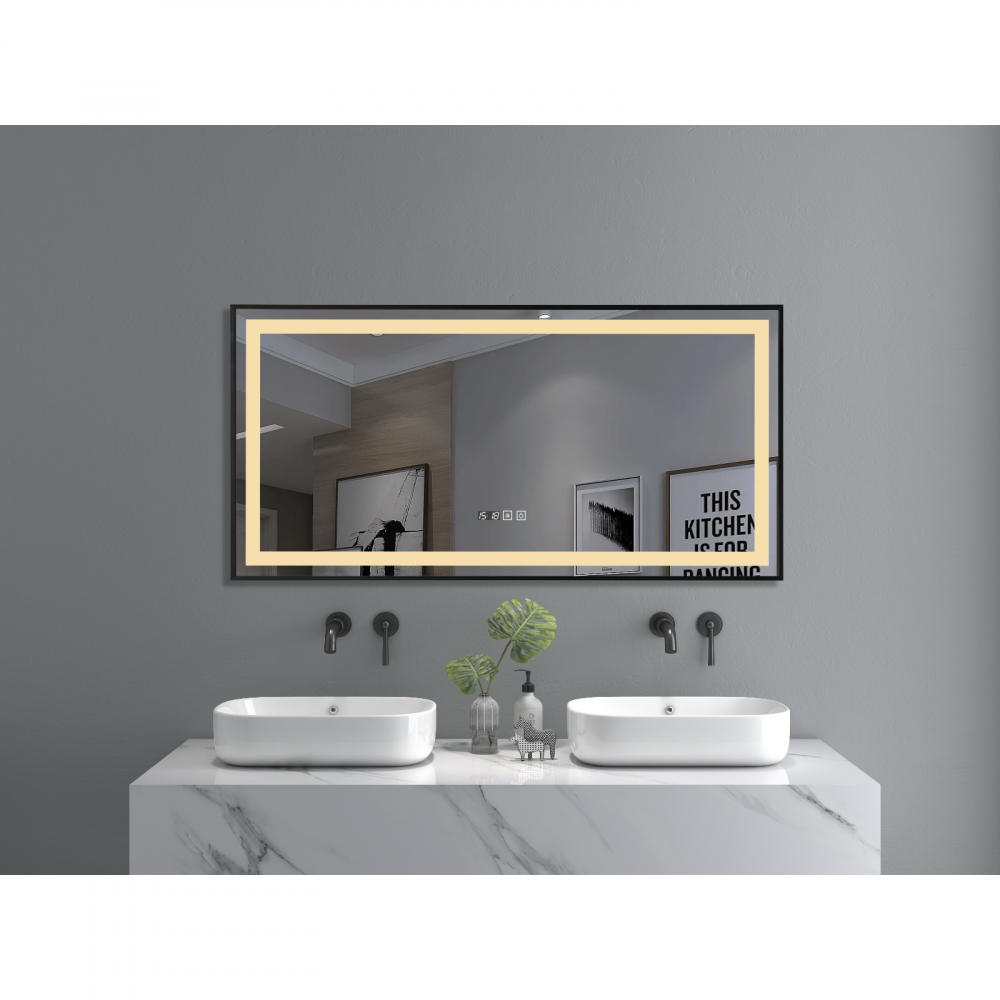 Oglinda de baie Infinty, iluminare led 3 culori, 120 x 60 cm, rama aluminiu neagra, functie dezaburire si ceas Belform [2]