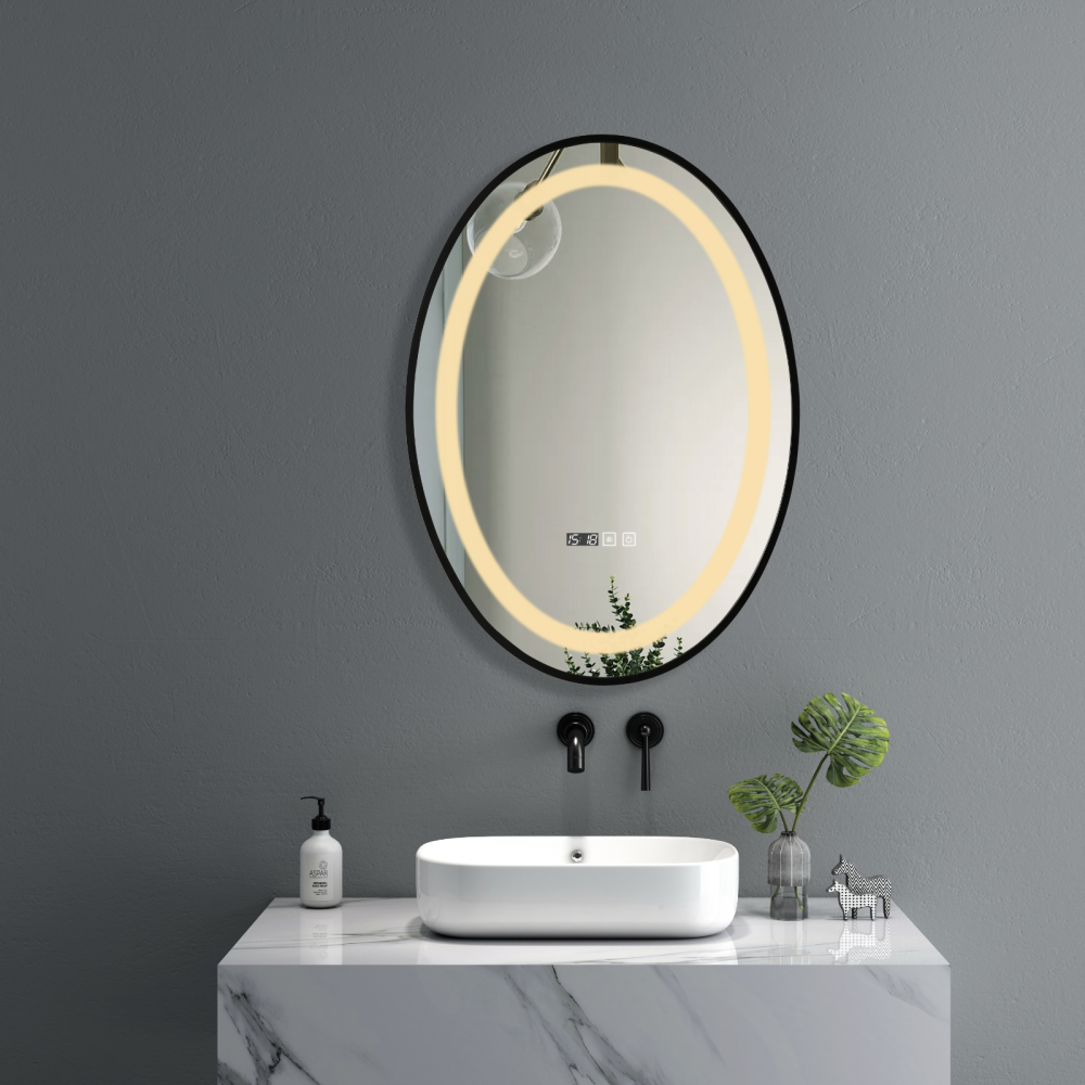 Oglinda de baie Infinty, iluminare led 3 culori, 50 x 70 cm, rama aluminiu neagra, functie dezaburire si ceas Belform [2]