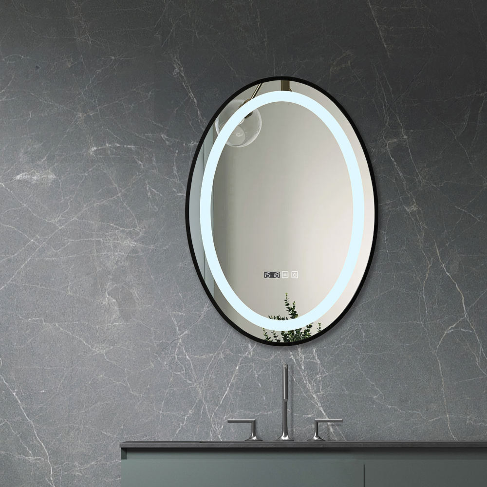 Oglinda de baie Infinty, iluminare led 3 culori, 50 x 70 cm, rama aluminiu neagra, functie dezaburire si ceas Belform [4]