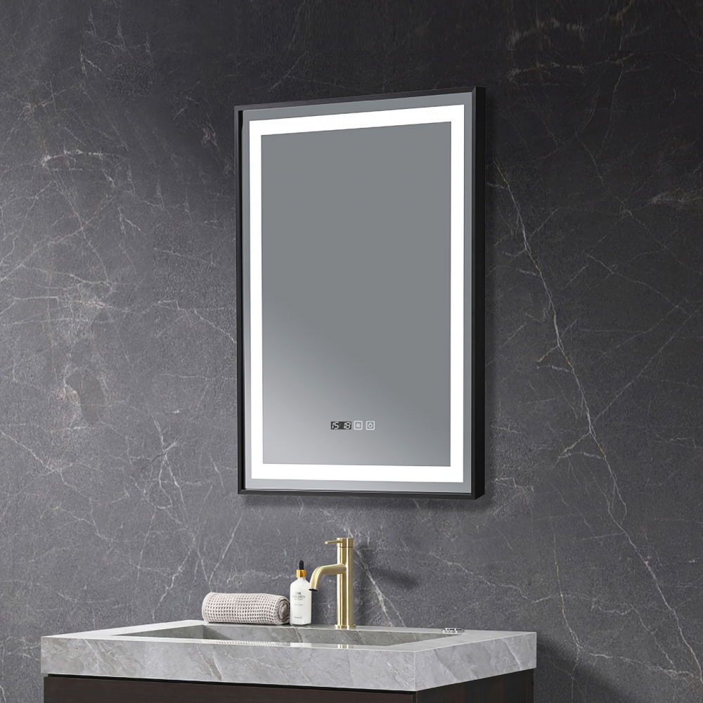 Oglinda de baie Infinty, iluminare led 3 culori, 60 x 80 cm, rama aluminiu neagra, functie dezaburire si ceas Belform [4]