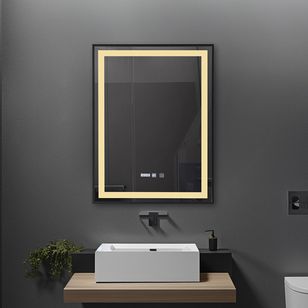 Oglinda de baie Infinty, iluminare led 3 culori, 60 x 80 cm, rama aluminiu neagra, functie dezaburire si ceas Belform [2]