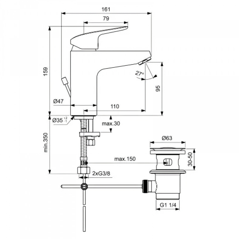 Baterie pentru lavoar CERAFLEX RIM GRANDE cu ventil Ideal Standard [1]