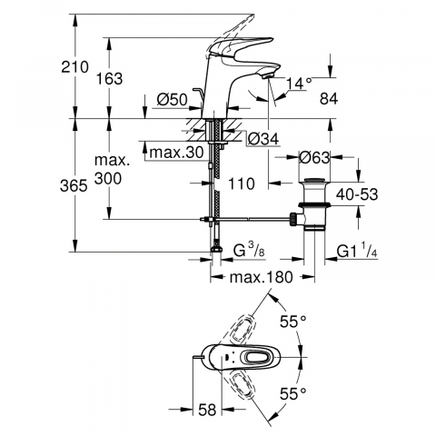 Baterie pentru lavoar Grohe EuroStyle New S-Size, maner loop, ventil pop-up, crom [1]