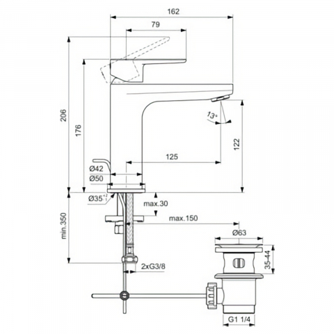 Baterie pentru lavoar H120 cu ventil metalic CERAFINE O Crom Ideal Standard [3]