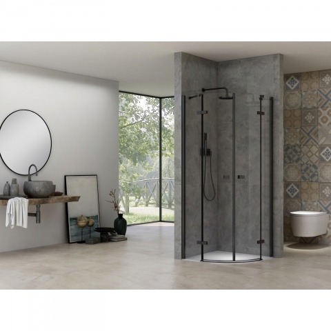 Cabina de dus semitorunda 90 x 90 x 200, finisaj negru mat, 2 usi batante, sticla clara 6 mm INFINITY Belform [2]