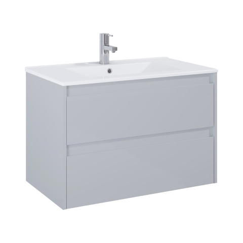 Set mobilier cu lavoar - Mobilier baie cu doua sertare si lavoar, gri 80 cm Claudia Roca