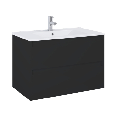 Mobilier de baie - Mobilier baie cu doua sertare si lavoar, negru mat 80 cm Claudia Roca