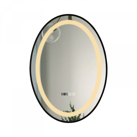 Oglinzi cu iluminare led si functii speciale - Oglinda de baie Infinty, iluminare led 3 culori, 50 x 70 cm, rama aluminiu neagra, functie dezaburire si ceas Belform