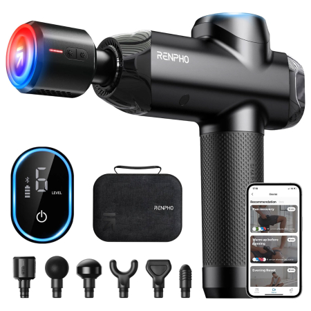 Îngrijire & Wellness - Aparat de masaj Gun Renpho Thermacool Power+, Incalzire si racire, 6 capete, 5 viteze, Control din telefon Bluetooth