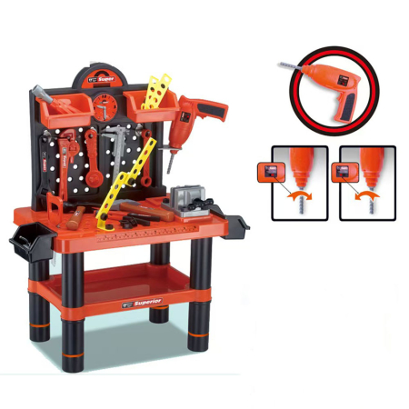 Familie & Timp Liber - Banc de lucru jucarie Rovo , masina de gaurit electrica, unelte si accesorii, 52 piese