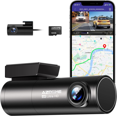 Camere de supraveghere - Camera auto DVR AZDOME , Dubla, 4K + 1080P, 5GHz WiFi, GPS, Unghi 170 , Comanda vocala, Card 64G inclus
