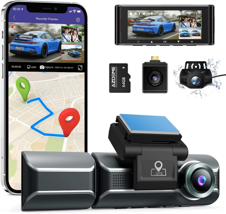 Camere de supraveghere - Camera auto DVR AZDOME MAX, Tripla, 4K, WiFi, GPS, Unghi 170 , WDR, G-Sensor, Mod parcare, Card 64Gb inclus