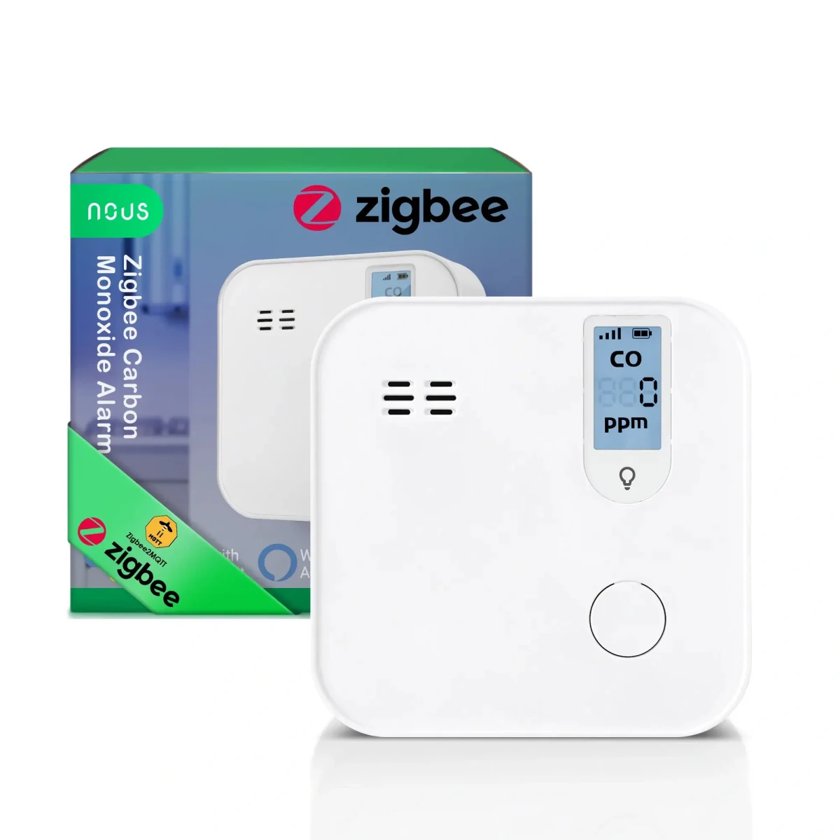 Senzori inteligenți - Detector Smart Monoxid de Carbon NOUS Zigbee, Senzor Electrochimic, Alarma , 85, dB, Monitorizare CO (ppm), Zigbee 3.0, Montaj pe perete