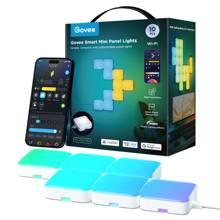 Casă Inteligentă - Kit panouri mici luminoase LED Govee , RGBIC, Wi-Fi + Bluetooth, 10 panouri, Alexa , Google Asistant, Matter