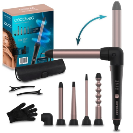 Unelte pentru grădină - Ondulator Cecotec SurfCare TwistWaves, 5 capete interschimbabile, invelis ceramic, cot 90 grade, manusi termice, geanta si 2 cleme