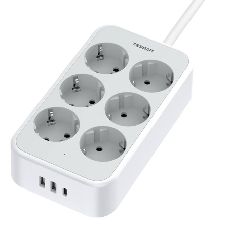 Prelungitoare - Prelungitor Tessan , 6 prize, 2 X USB-A, 1X USB-C, incarcare rapida 25W