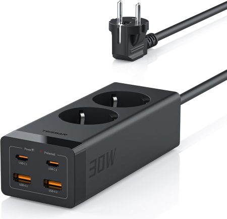 Prelungitoare - Prelungitor Tessan , Z, 2X USB-C, 2x USB, 2 prize, incarcare rapida USB-C, 30W, 2m, negru